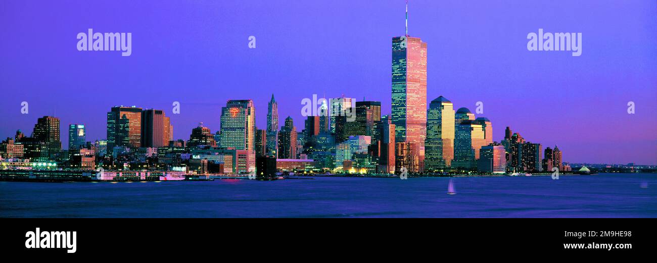 Skyline with Manhattan and Twin Towers at dusk, New York City, USA Stock Photo