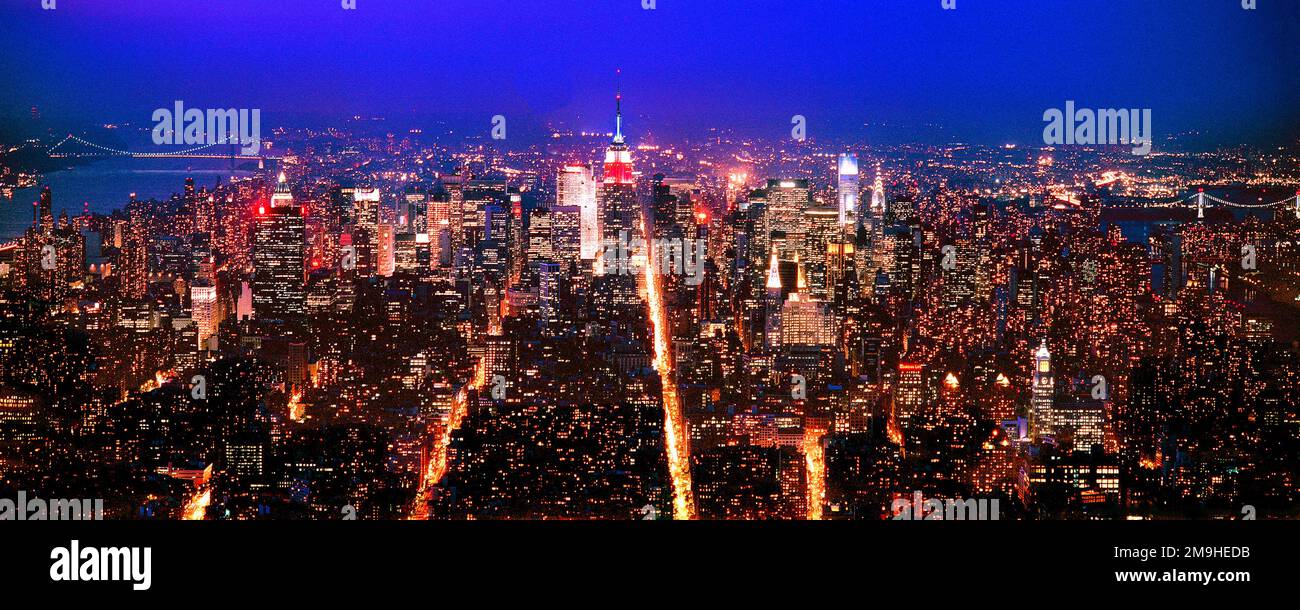 Aerial view of New York City at night from Twin Towers, USA Stock Photo