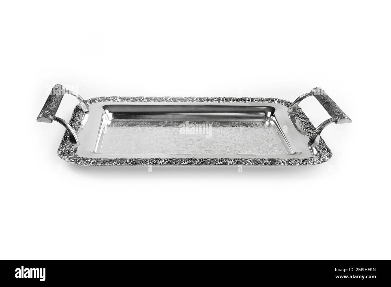 Antique silver tray with handles. Old luxury tray isolated on white