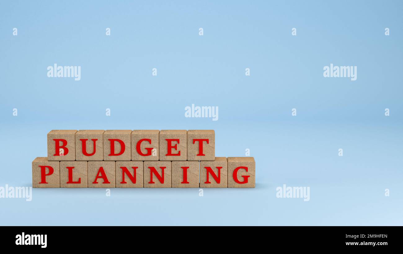 The word budget planning written on wooden cubes 3D illustration, Budget planning concept in business or organization. Stock Photo