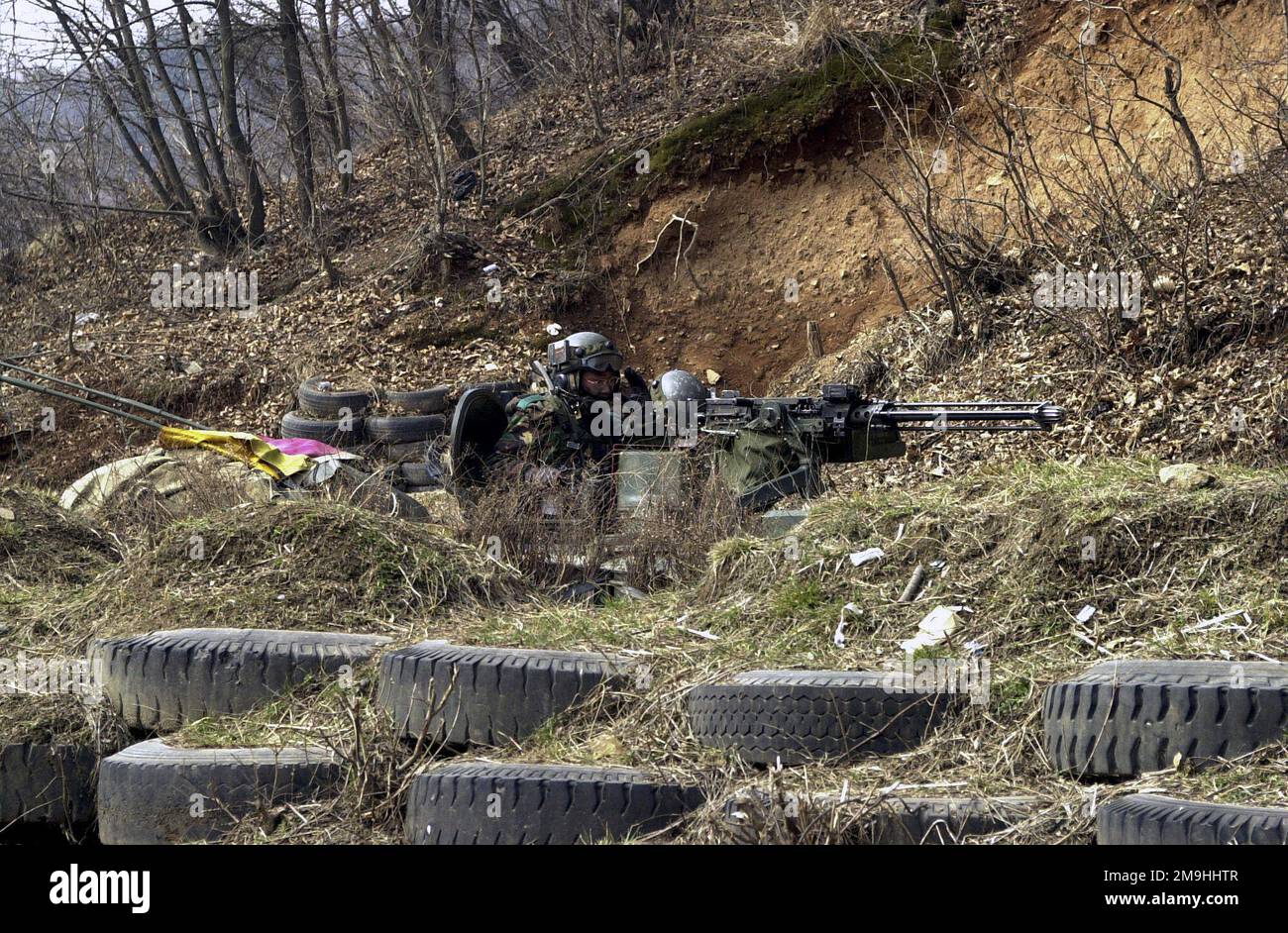 020325-N-5148Y-018. [Complete] Scene Caption: A Republic of Korea (ROK) tank Commander mans the 12.7mm K6 roof mounted machine gun atop his K2 Main Battle Tank (MBT) from a concealed position during combined Exercises Reception, Staging, Onward Movement, and Integration/Foal Eagle 2002 (RSOI/FE 02). The gun is equipped with a blank firing device and Multiple Integrated Laser Engagement System (MILES) gear. RSOI is an annual combined/Joint Command Post Exercise held by Combined Forces Command, Republic of Korea and US Forces Commanders to train and evaluate command capabilities to receive US fo Stock Photo