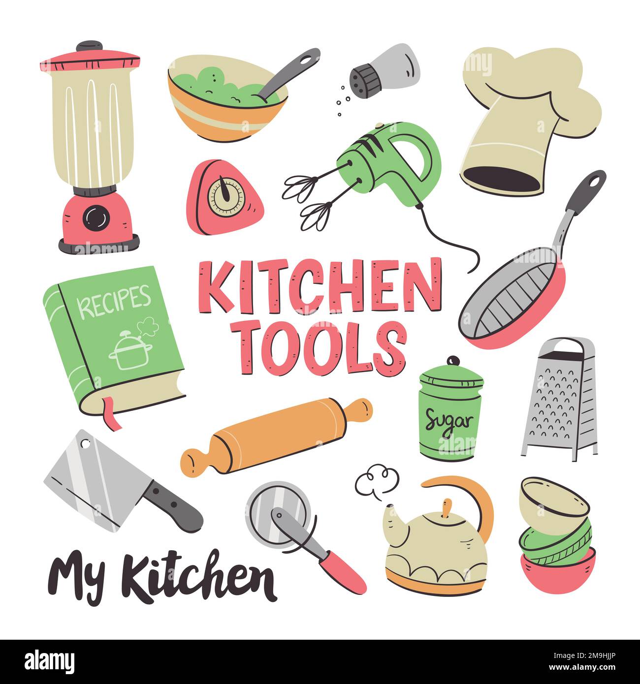 Kitchen tools and appliances. Cute illustration with isolated cooking objects in vector format. Kitchen utensils collection. Illustration 1 of 2. Stock Vector