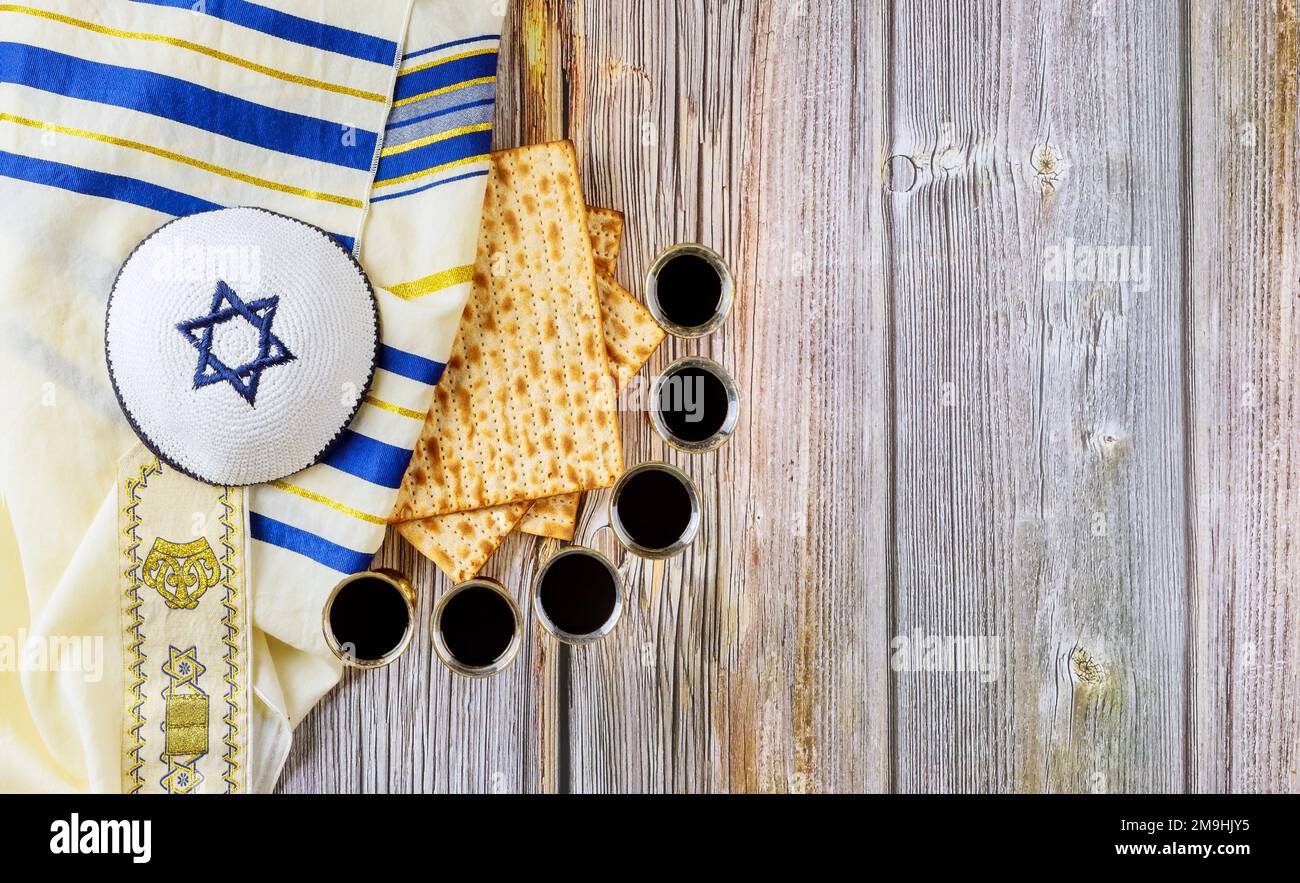 Matzah Pesah Jewish holiday celebration with kiddush six cups of kosher