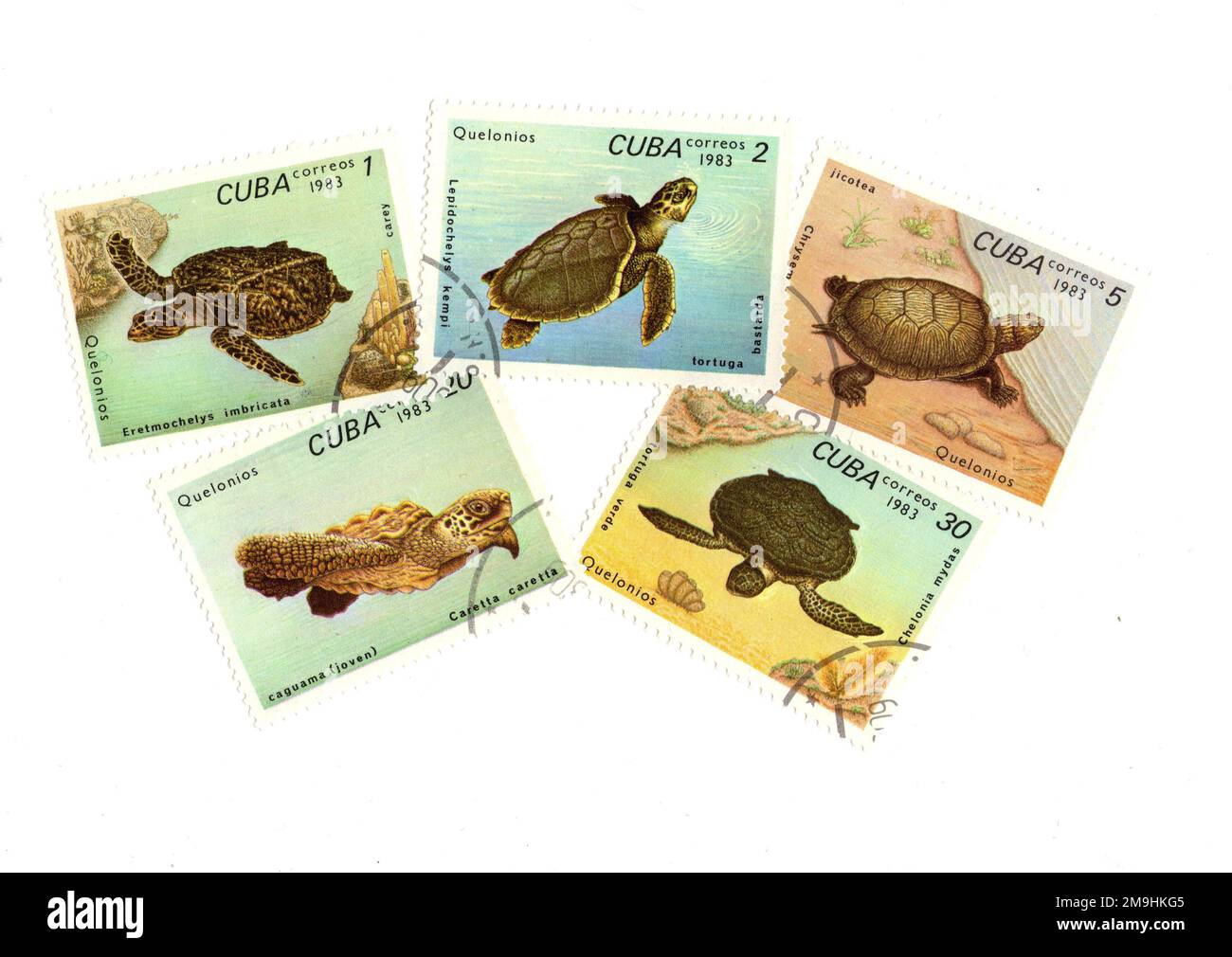 Vintage used postage stamps from Cuba on a white background Stock Photo