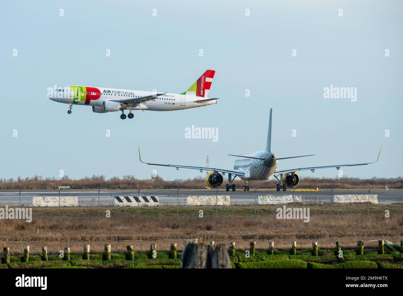 Venice, Italy March 2022 Air Portugal aircraft landing at Marco Polo