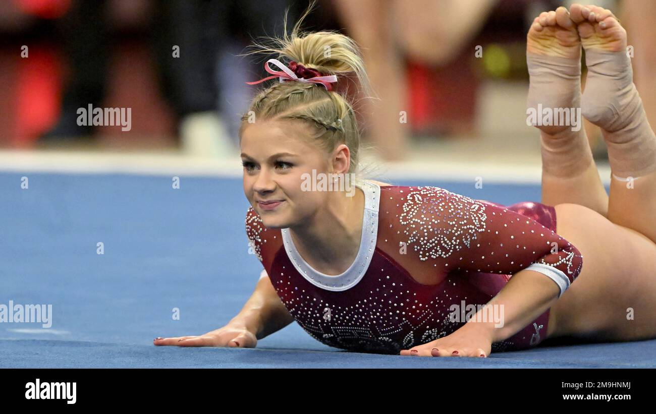 Alabama gymnast Mati Waligora competes on the floor against Arkansas during an NCAA gymnastics
