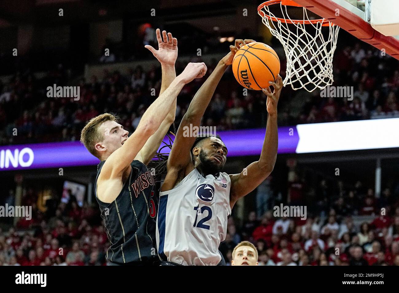 Penn State's Evan Mahaffey (12) against Wisconsin's Tyler Wahl (5