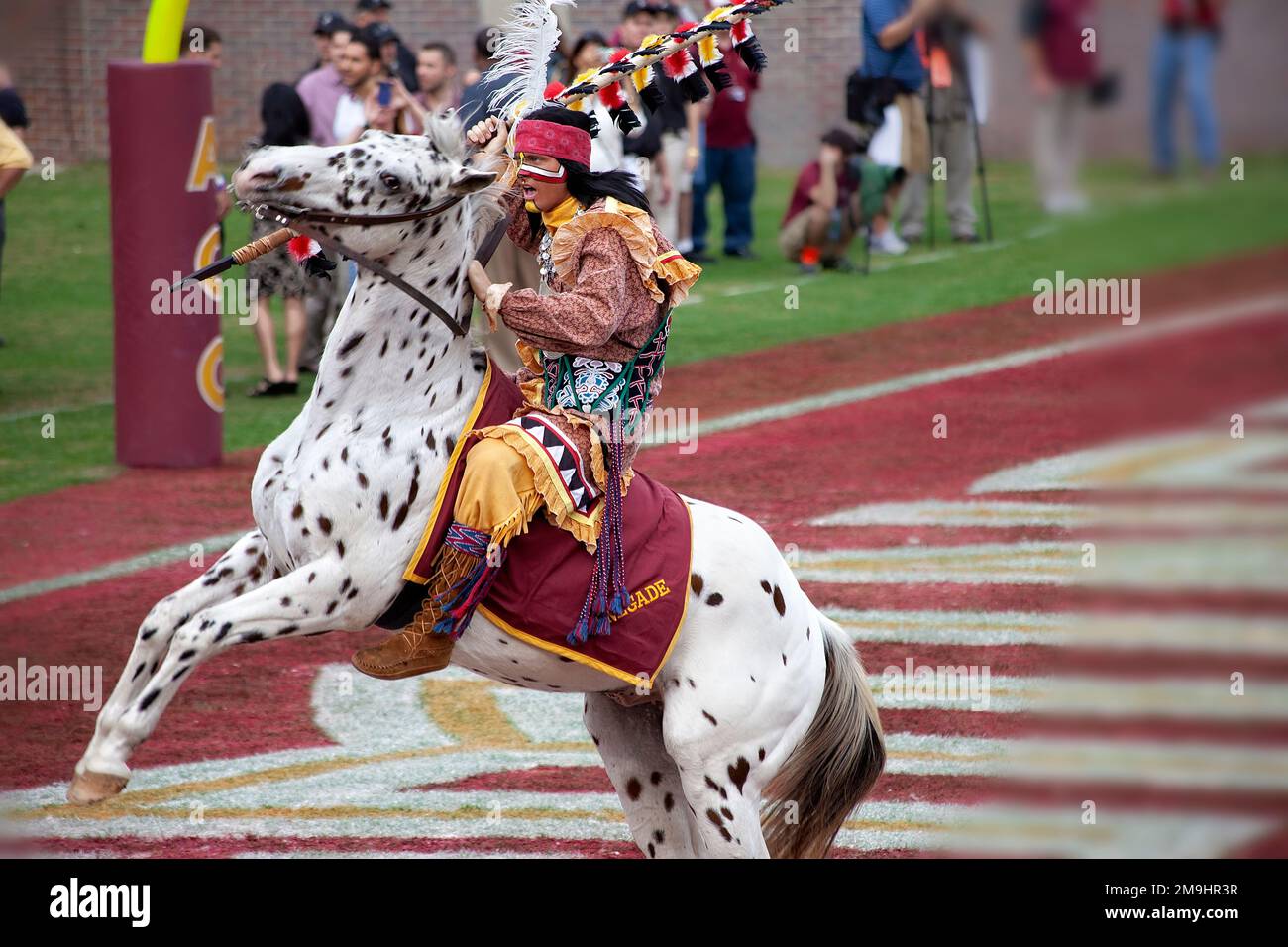 Tallahassee, Florida - November 23, 2013:  Florida State University mascot, Chief Osceola, riding an appaloosa named Renegade at a home game. Stock Photo
