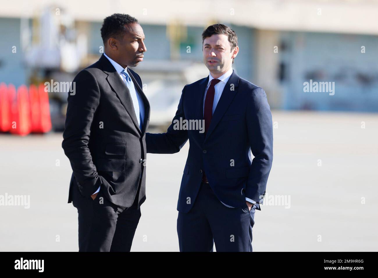Atlanta, USA. 15th Jan, 2023. Atlanta Mayor Andre Dickens and U.S. Sen Jon Ossoff speak as they wait for President Jon Biden's arrival, where he is scheduled to deliver remarks at Ebenezer Baptist Church, on Sunday, January 15, 2023. (Photo by Miguel Martinez/The Atlanta Journal-Constitution/TNS/Sipa USA) Credit: Sipa USA/Alamy Live News Stock Photo