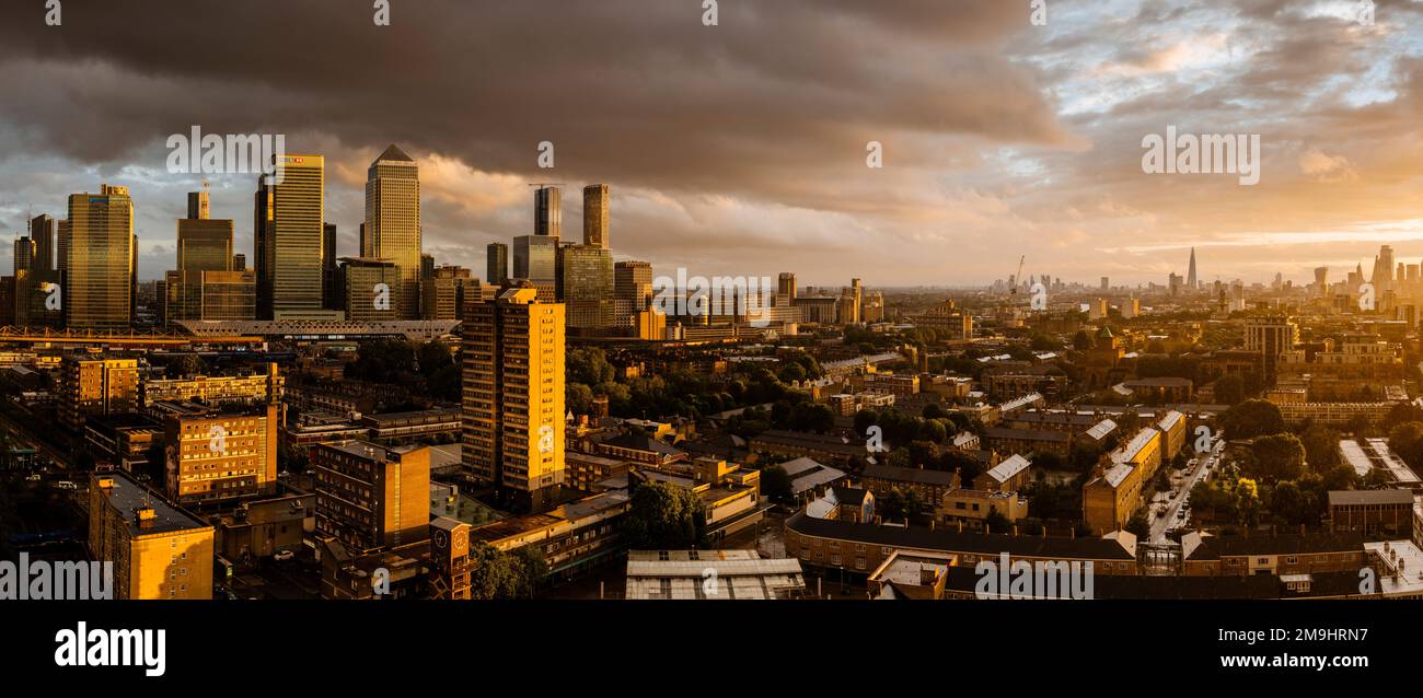 Aerial view of cityscape with skyscrapers at sunset, London, England, UK Stock Photo