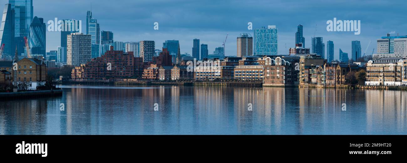 Cityscape with skyscrapers and Thames River, Limehouse, London, England, UK Stock Photo