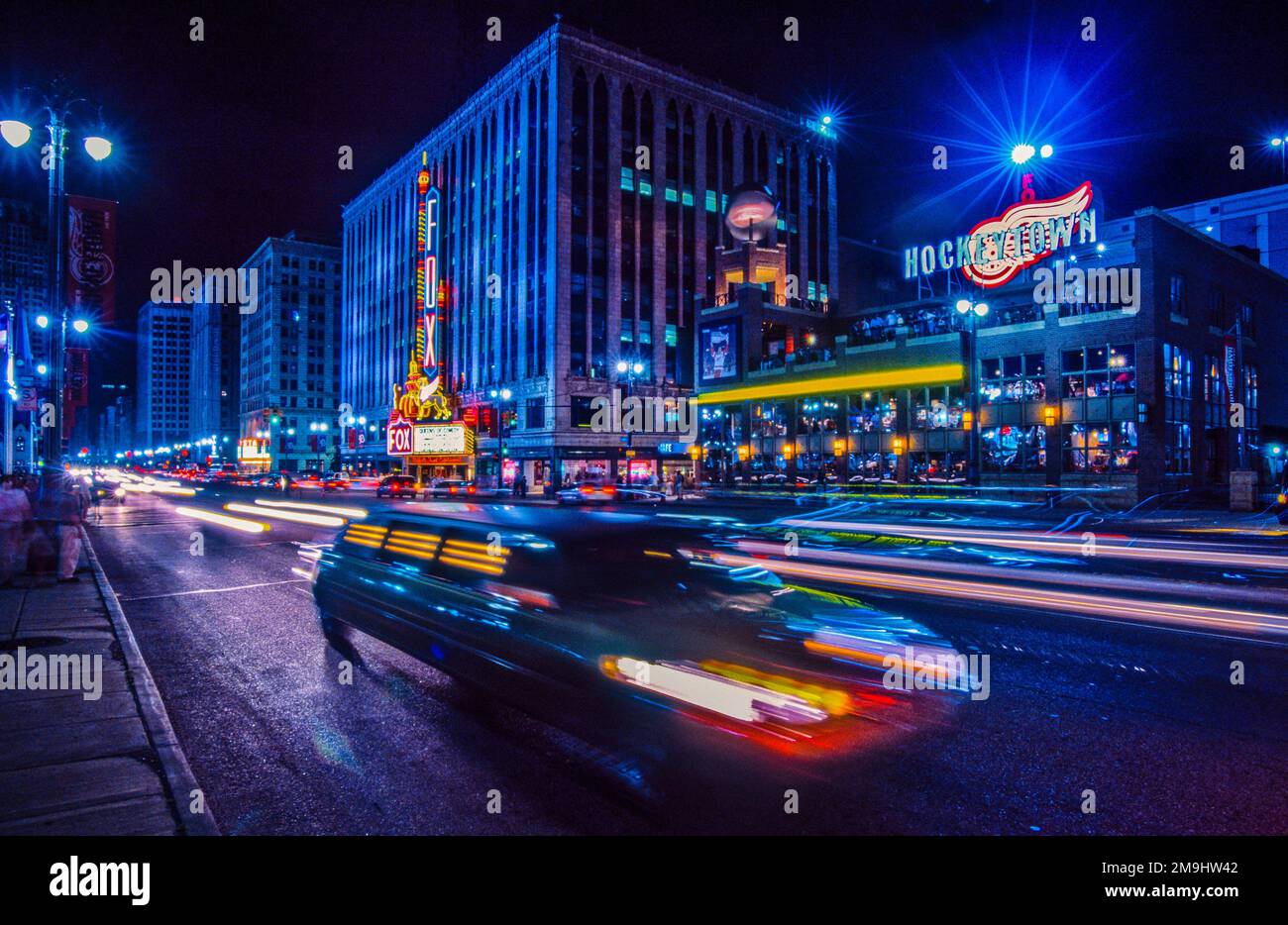 Car on night, city street, Woodward Avenue, Downtown Detroit, Michigan, USA Stock Photo