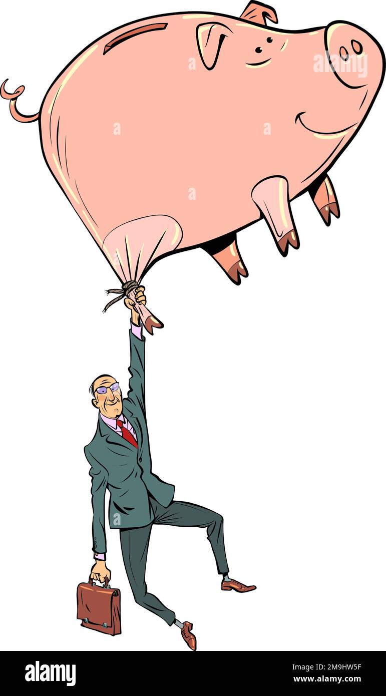 pig piggy bank and businessman with briefcase. Banking and economic