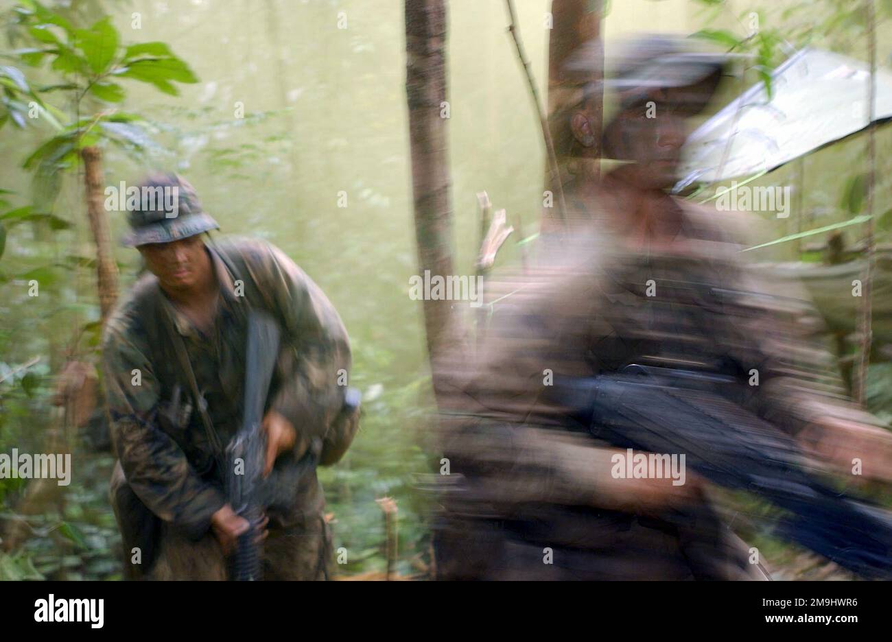 US Marine Corps (USMC) Lance Corporal (LCPL) Jason Almanza and LCPL Steven Vallis, with ground combat element, landing force Cooperation Afloat Readiness and Training (CARAT), crash furiously through the jungle of Brunei with speed and intensity. Country: Brunei Darussalam (BRN) Stock Photo