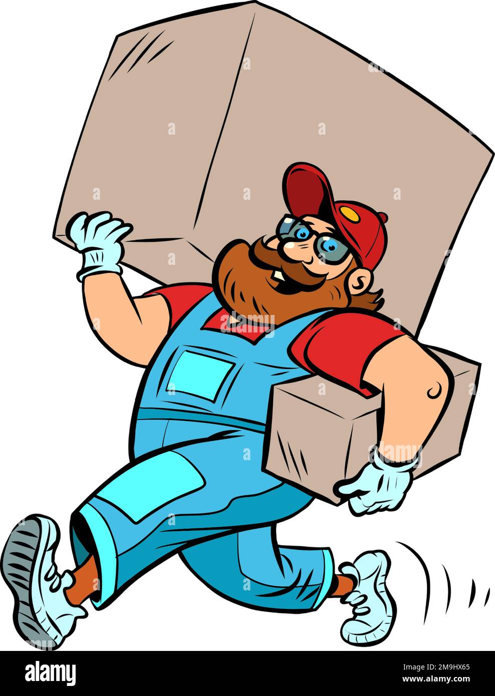 Man delivery courier, loader. A bearded man with a big box. Shopping and Ordering Online Trading Stock Vector