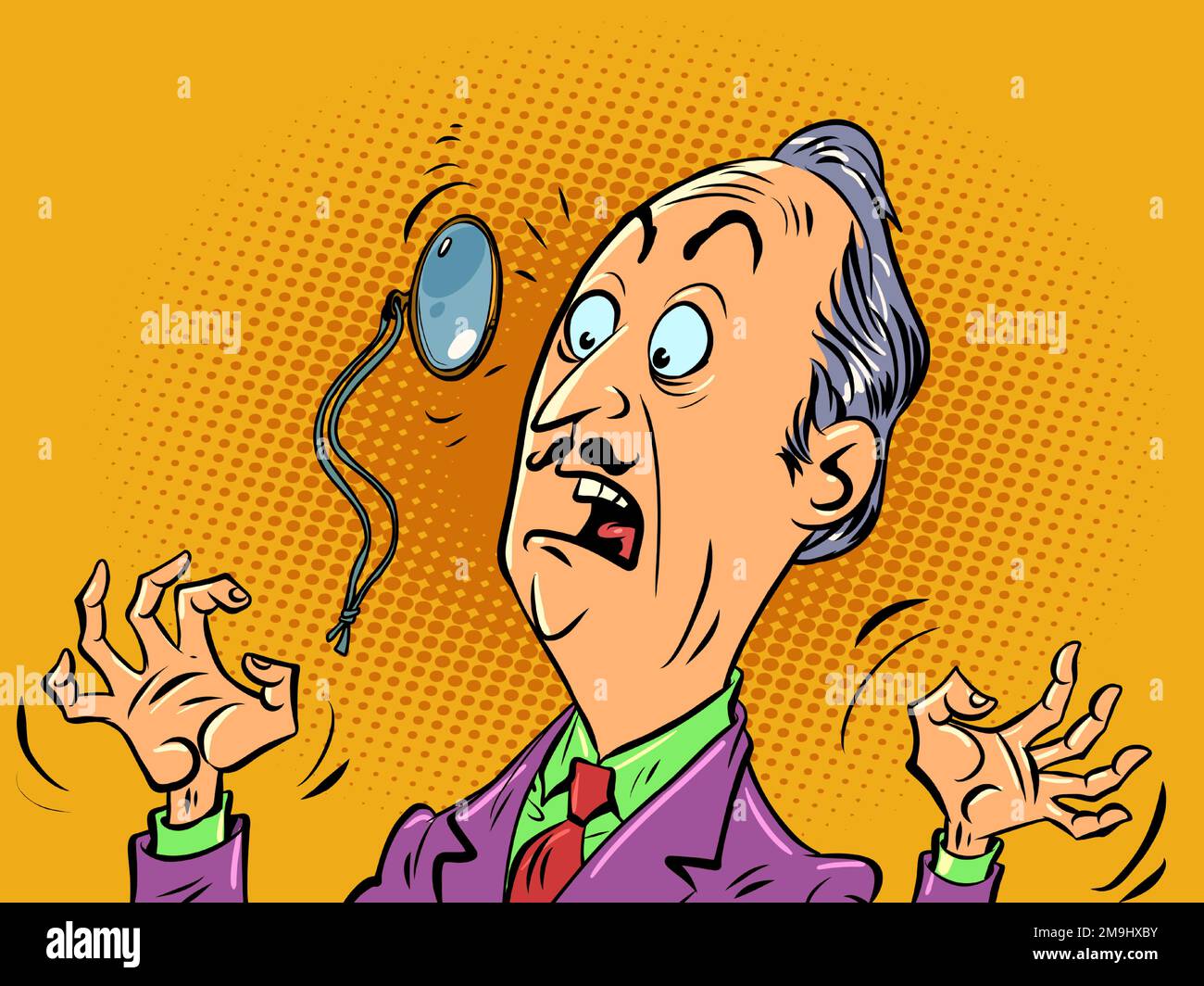 A surprised man with a monocle. News human emotions. Face Glasses Stock Vector