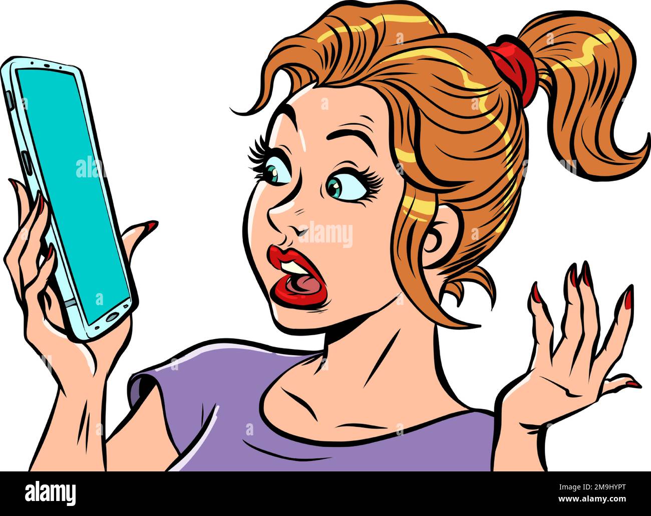 A frightened woman with a smartphone. Bad news, surprise and bewilderment Stock Vector