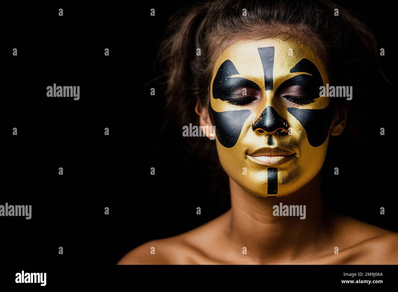 Young woman in gold makeup, on a black background. Photography 3d