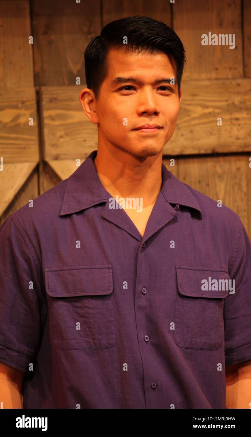 London, UK.  Telly Leung at the photocall of George Takei’s Allegiance musical. Charing Cross Theatre. The musical is set in an internment camp for American Japanese families after the attack on Pearl Harbor. George Takei who became famous as Sulu in Star Trek experienced this in effect imprisonment as a very young child. Now aged 85 Takei makes his London theatrical debut in the production. Charing Cross Theatre. 12th January 2023.  Ref:LMK11-SLIVE120123-002.  Steve Bealing/Landmark Media . Stock Photo