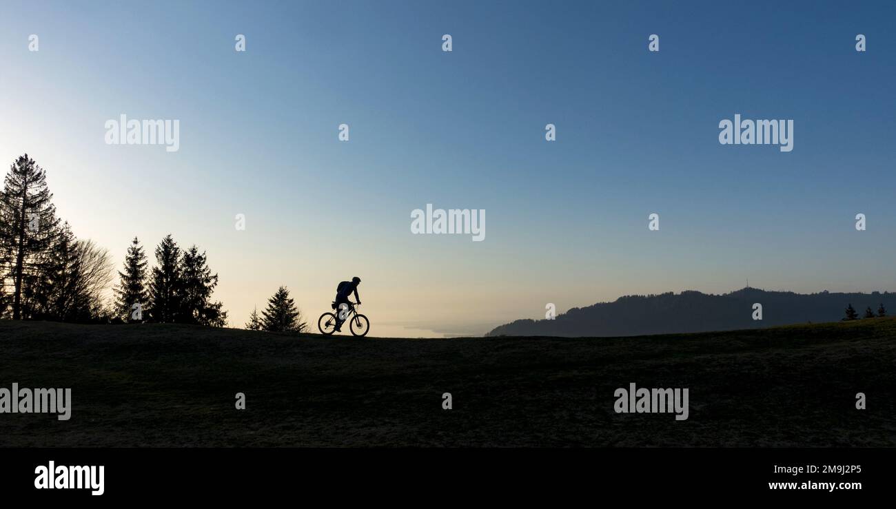 Silhoutte of a mountain biker in the evening Stock Photo