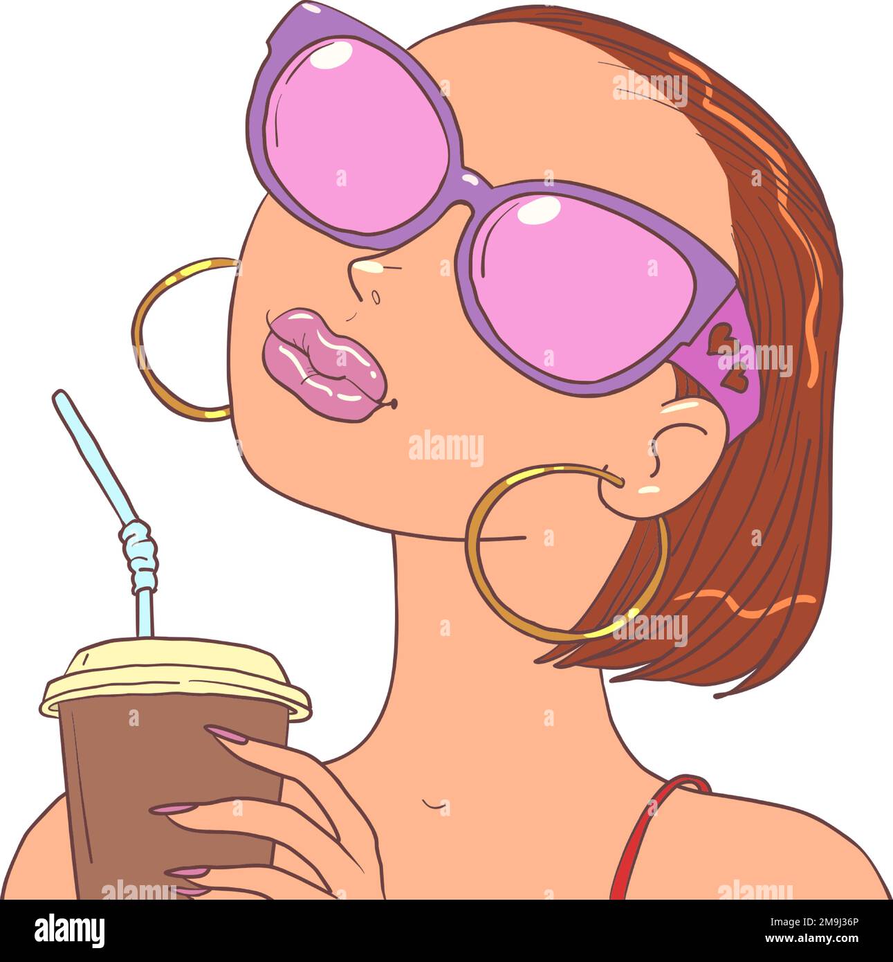 A girl in original glasses drinks a drink and thinks about buying. Potential consumer of a service or offer. Stock Vector