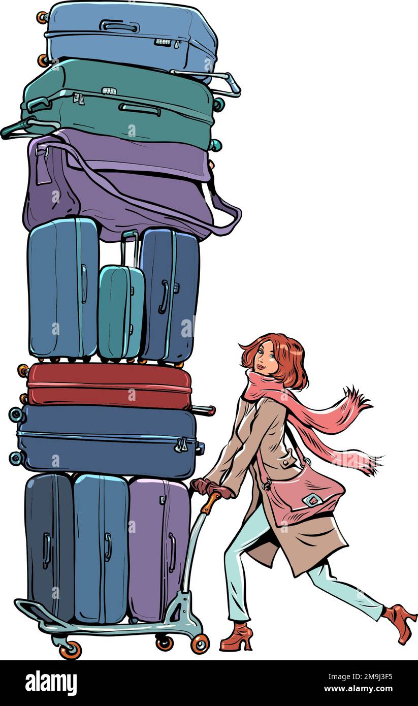 A girl with red hair in a coat and scarf is carrying a lot of luggage with her. Relocation of a person to another country. Moving to a new place. Stock Vector