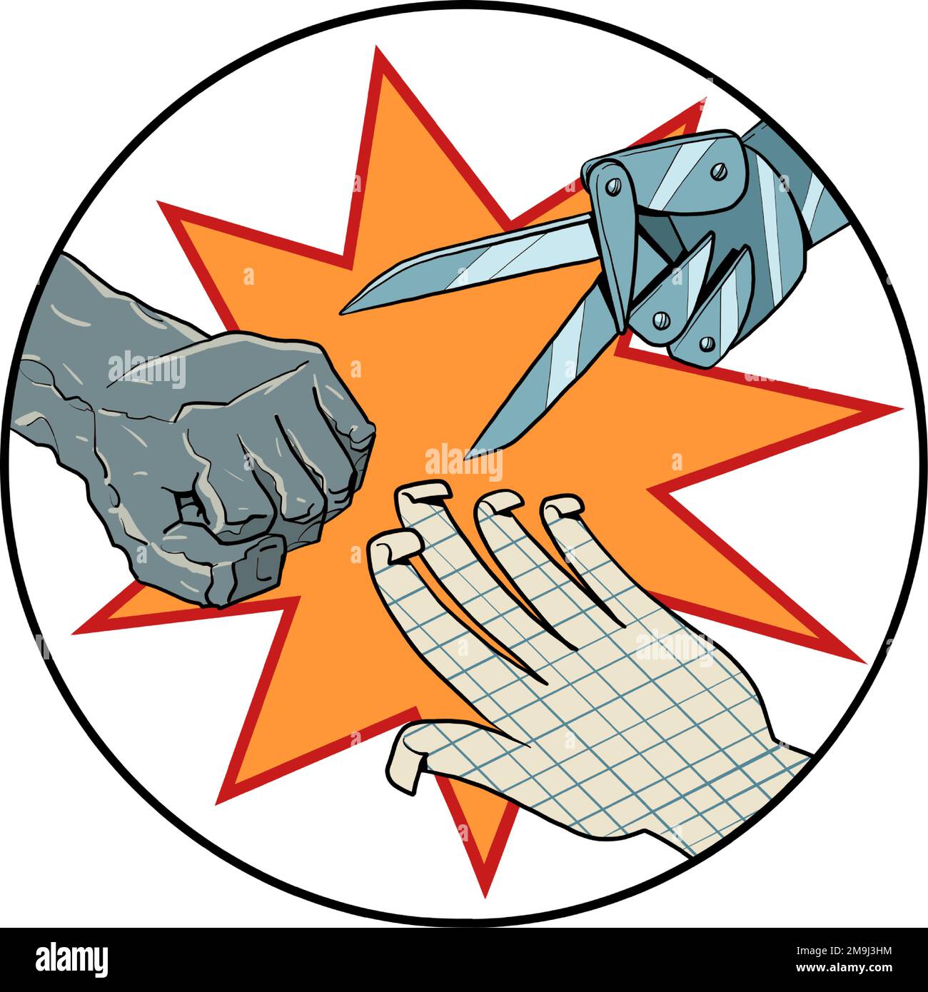 Stone paper scissors from their materials. Democracy. Stock Vector