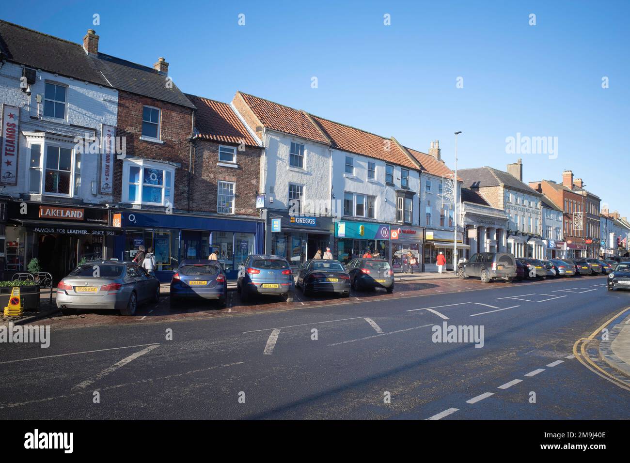 The North Side  of the High Street Northallerton North Yorkshire UK in winterHigh Street; high; street; North side; north; side; shops; market town; Stock Photo