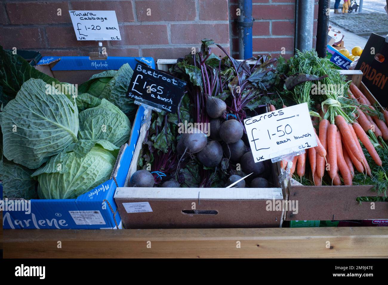 Tundra Cabbage beetroot and carrots in a greengrocers shop in North Yorkshire  priced at £January 2023 Stock Photo