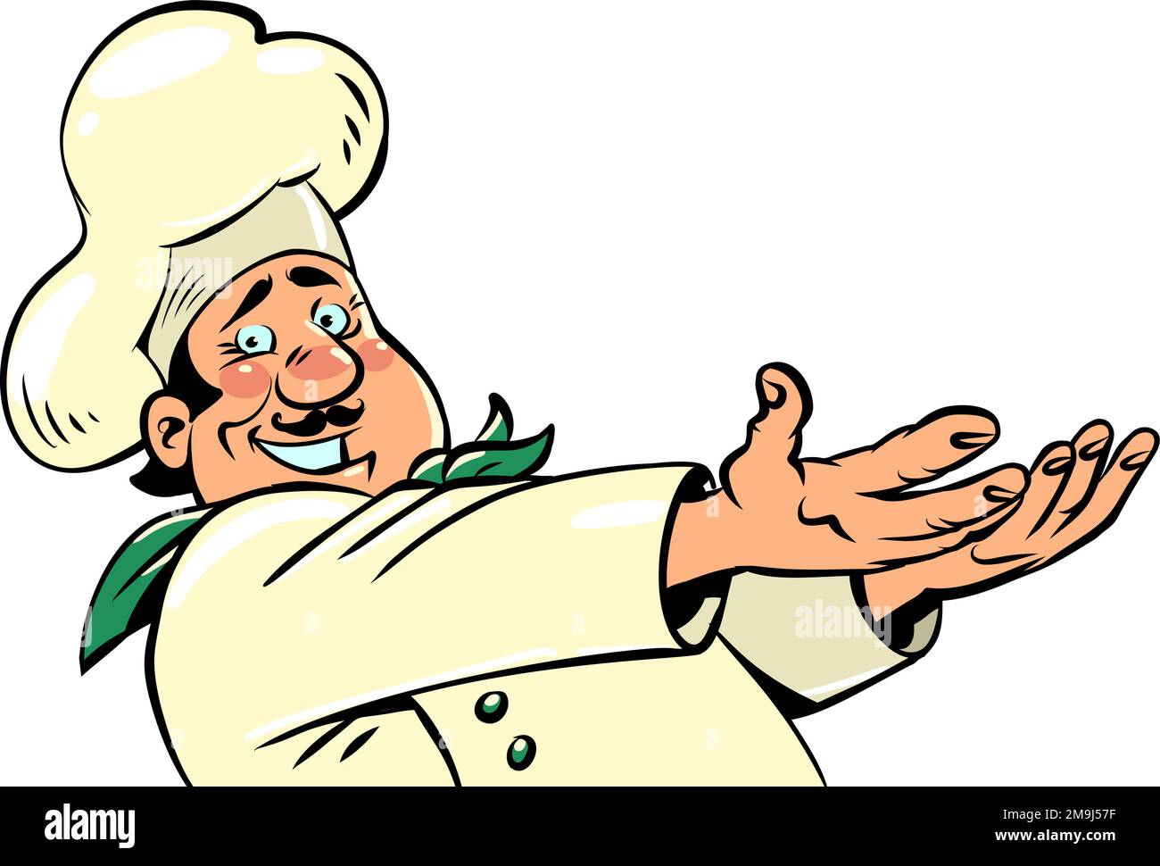 joyful chef man in white uniform, cooking profession, business Stock Vector