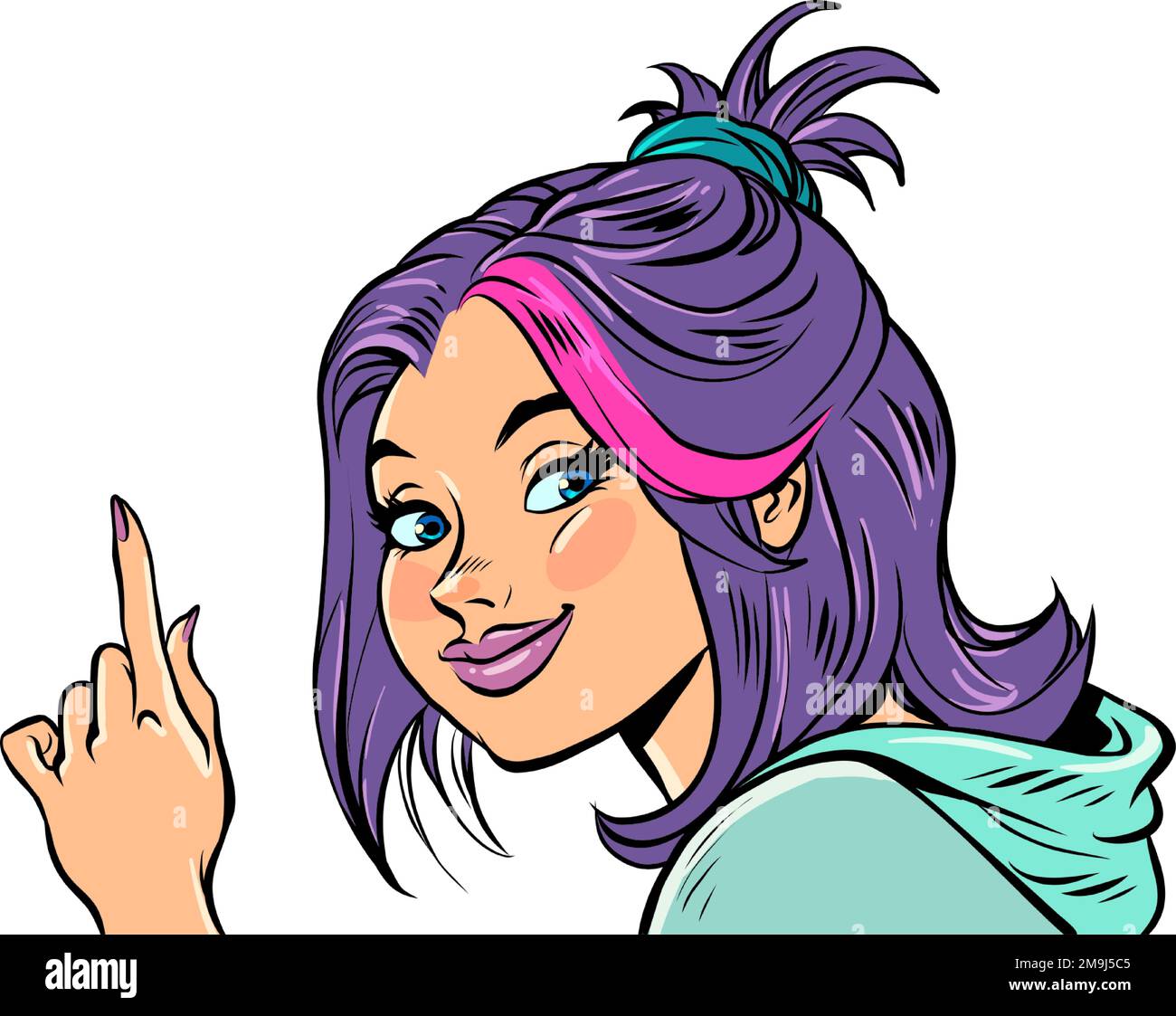 Young woman announces, index finger up. Advertising info announcement sign template Stock Vector