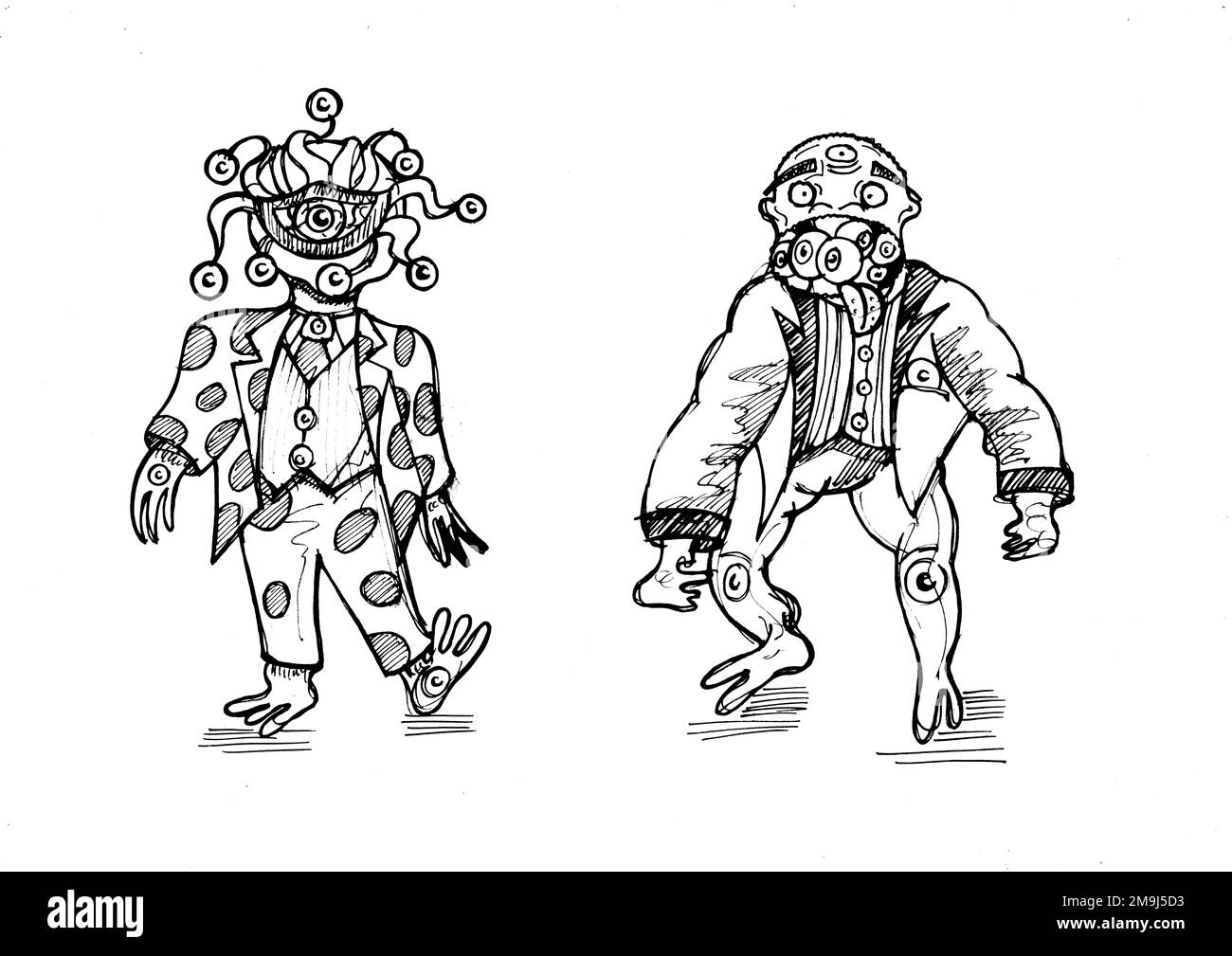 Vintage style black and white cartoon characters on a white background