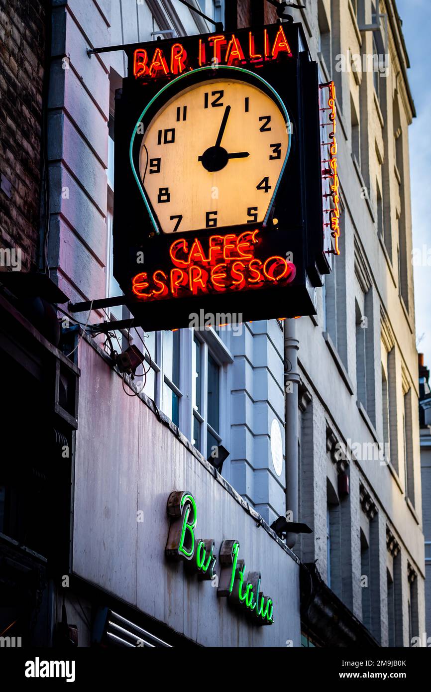 Famous Italian cafe in London's Soho,West End.A favourite with musicians especially because of nearby jazz club ronnie scotts.Great coffee! Stock Photo