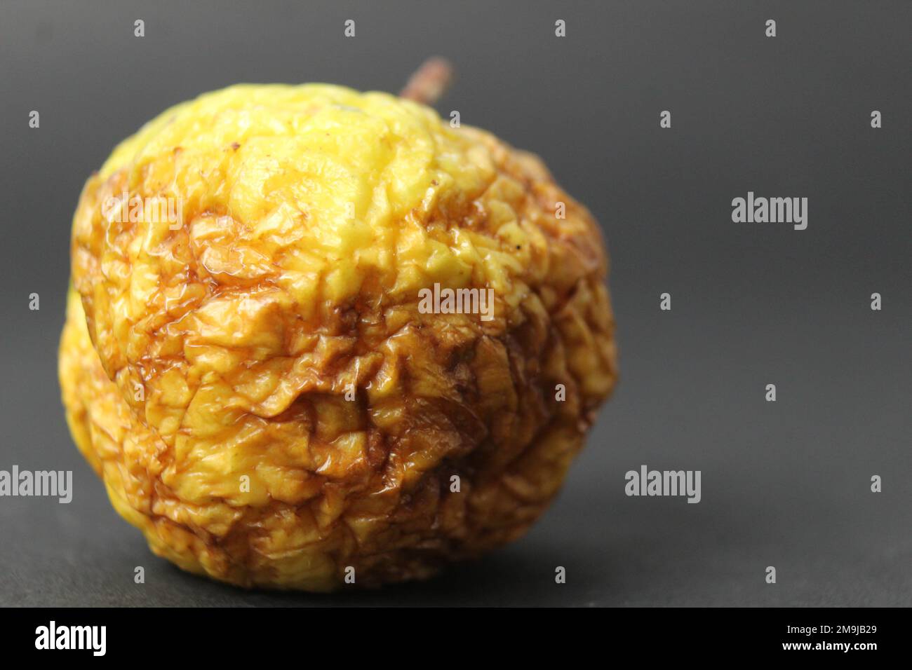 a dry old apple wrinkled on a black background. Ugly foods. Bad spoiled fruit food Stock Photo