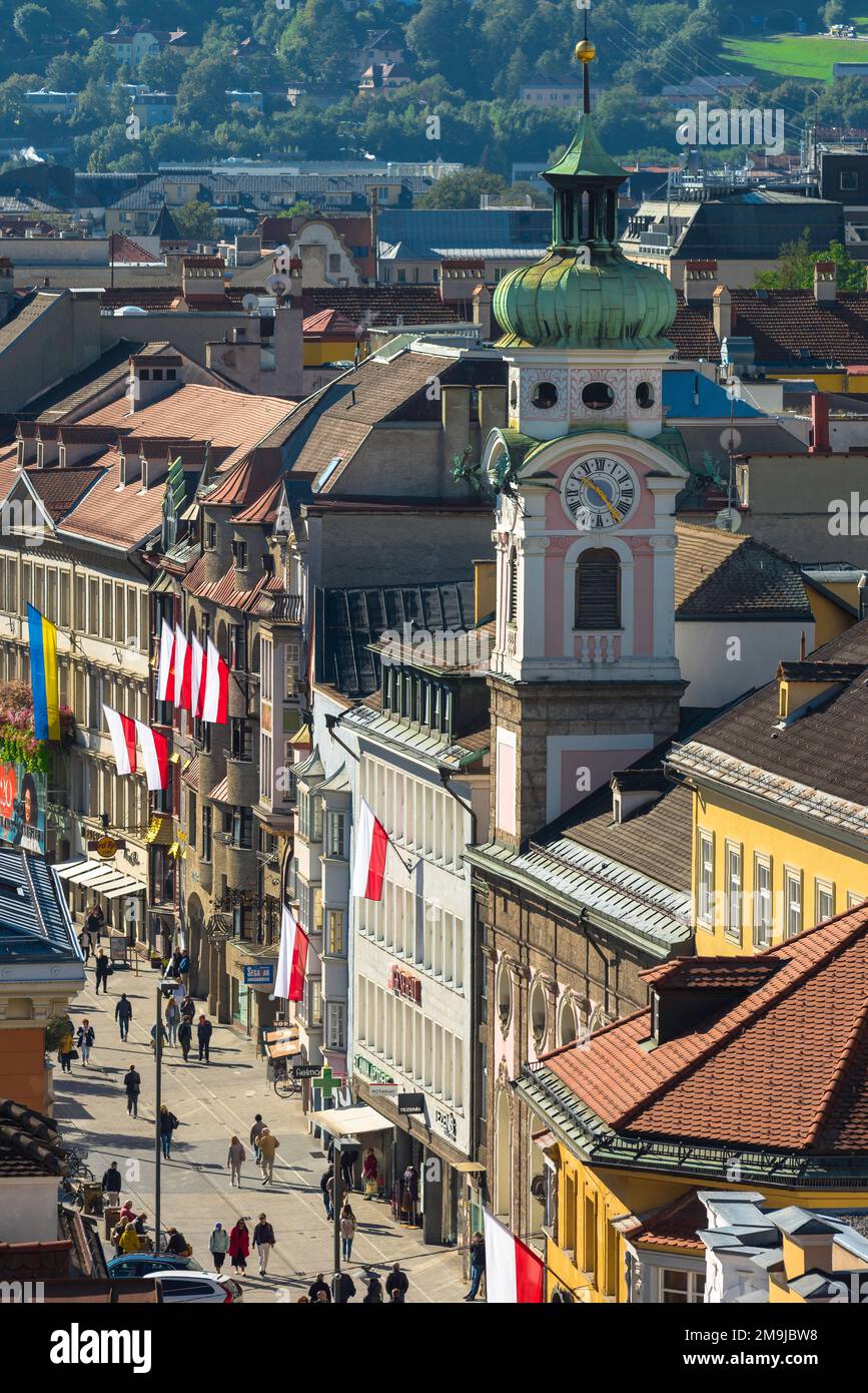 Austria tourism summer, view of Herzog Friedrich Strasse, the main shopping street in the scenic Old Town center (Altstadt) of Innsbruck, Austria Stock Photo