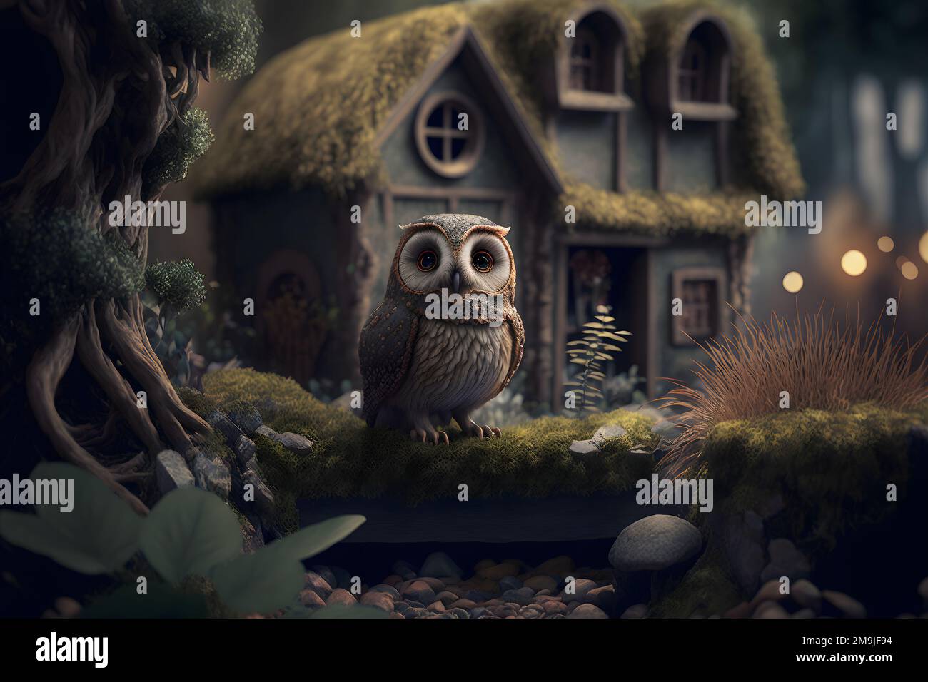 Owl guards fairy tale house in forest, the home of hobbits and forest elves. Light in the windows of the hut, owl close-up on the background of a magi Stock Photo