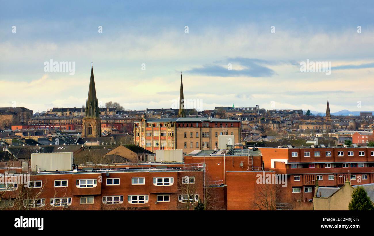 Panoramic aerial view of west end  with Woodside  council modern flats in the foreground Glasgow, Scotland, UK Stock Photo