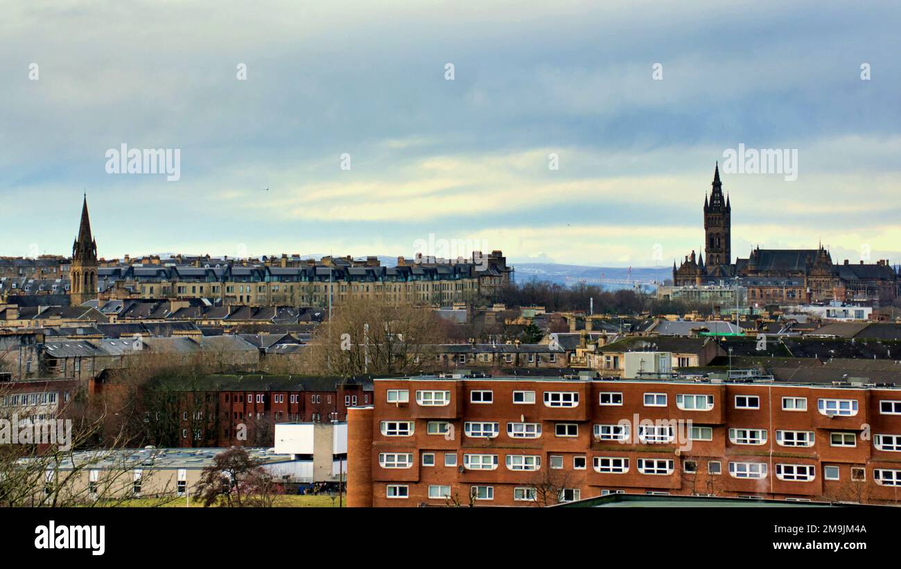 Panoramic aerial view of the west end with park circus and Glasgow university with Woodside  council modern flats in the foreground Glasgow, Scotland, Stock Photo