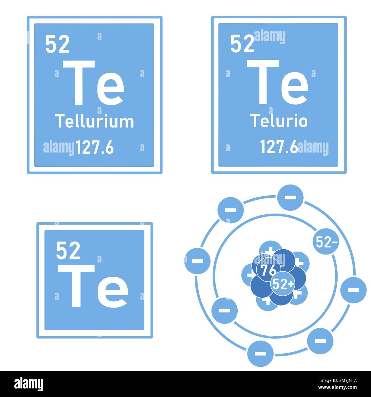 Blue icon of the element tellurium of the periodic table with representation of its atom Stock Photo