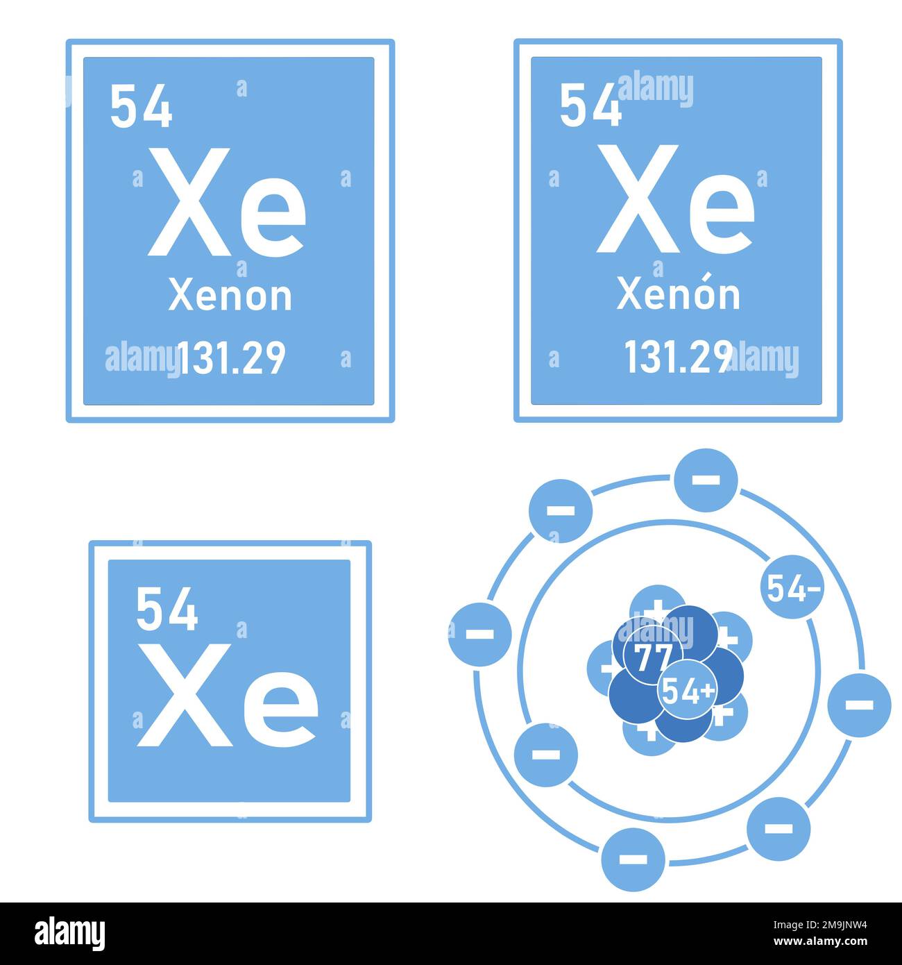 Blue icon of the element xenon of the periodic table with representation of its atom Stock Photo