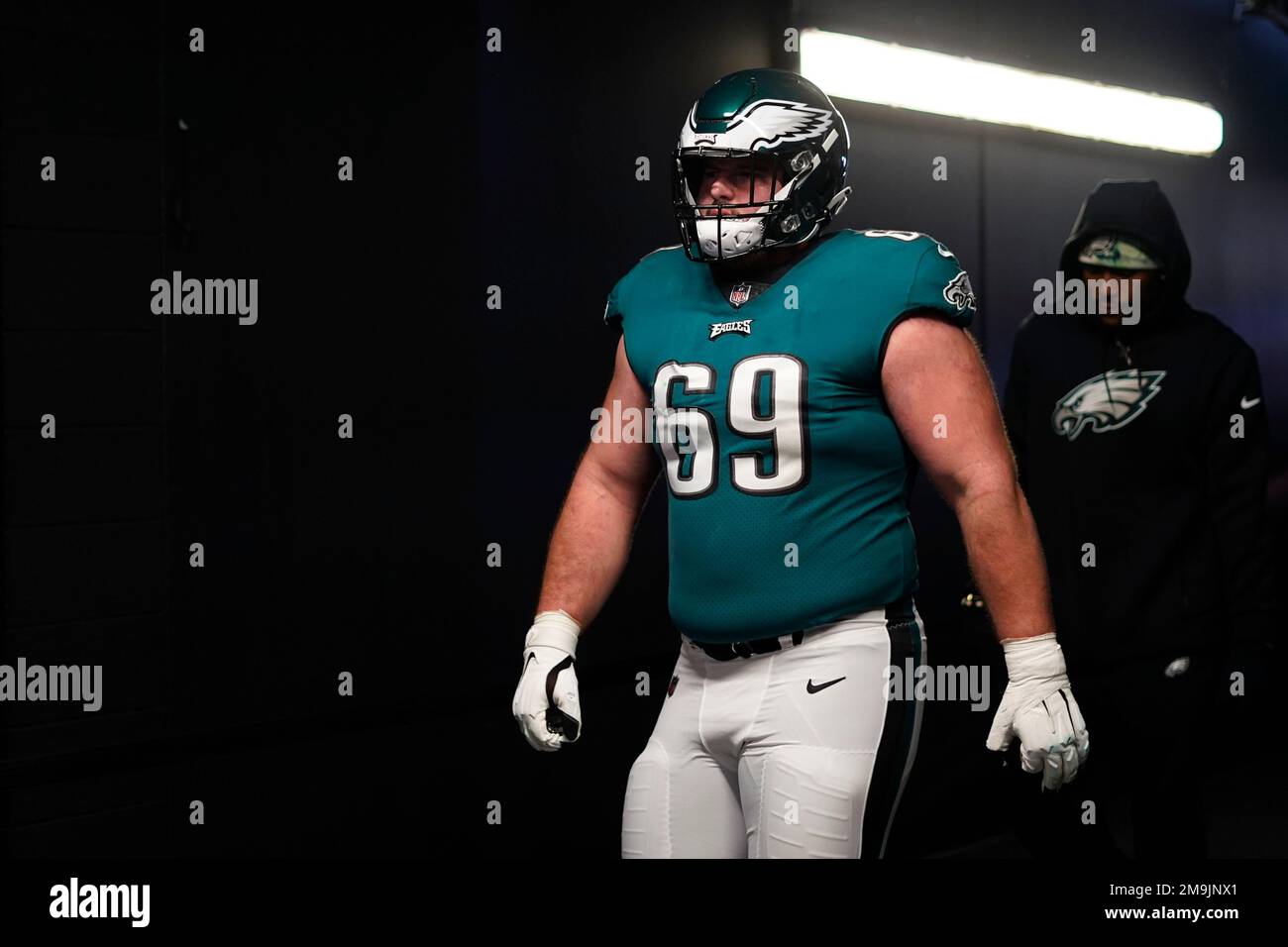 Philadelphia Eagles guard Landon Dickerson (69) walks off the field after  an NFL football game against the New York Giants, Sunday, Nov. 28, 2021, in  East Rutherford, N.J. (AP Photo/Adam Hunger Stock