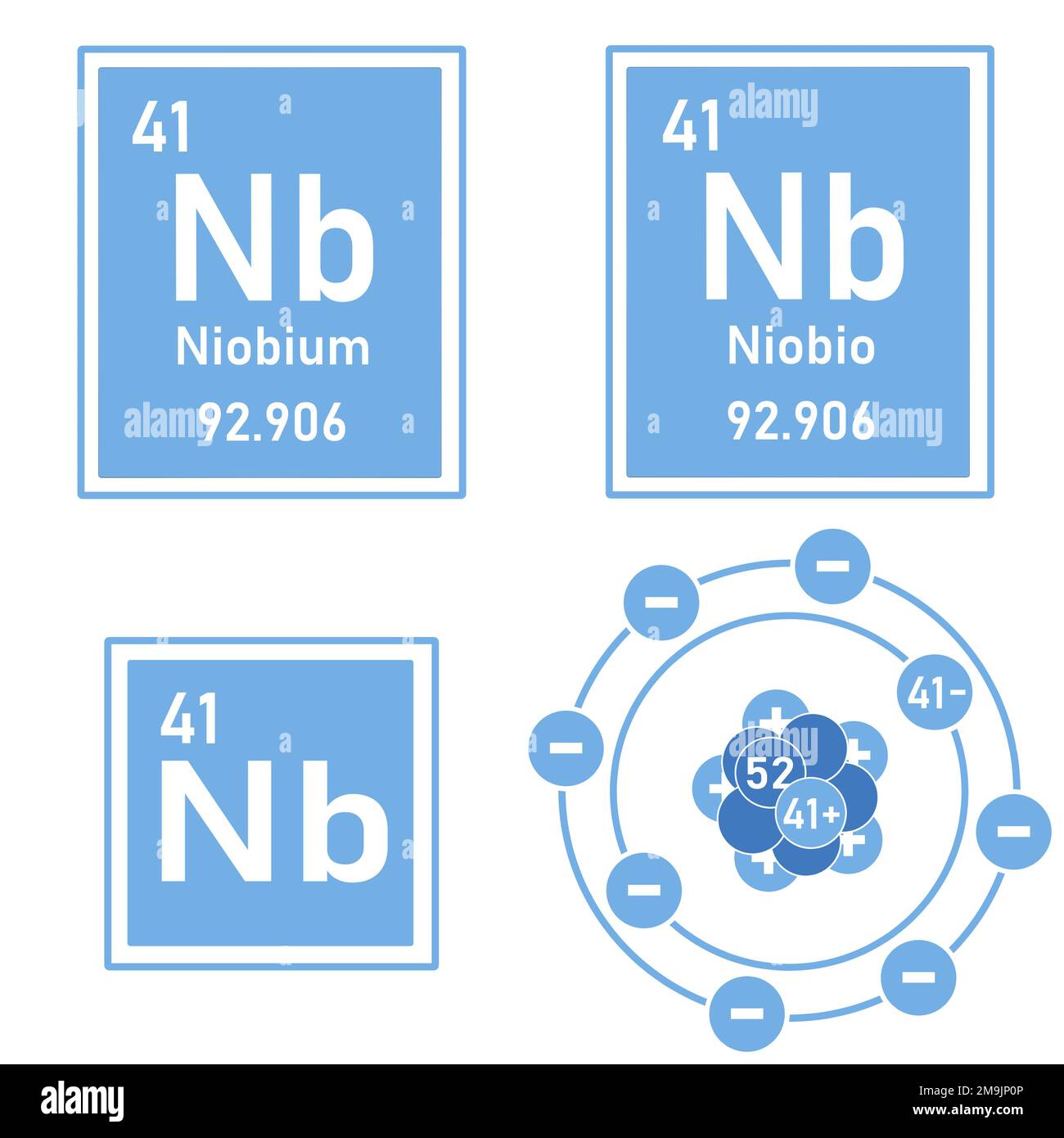 Blue icon of the element niobium of the periodic table with representation of its atom Stock Photo
