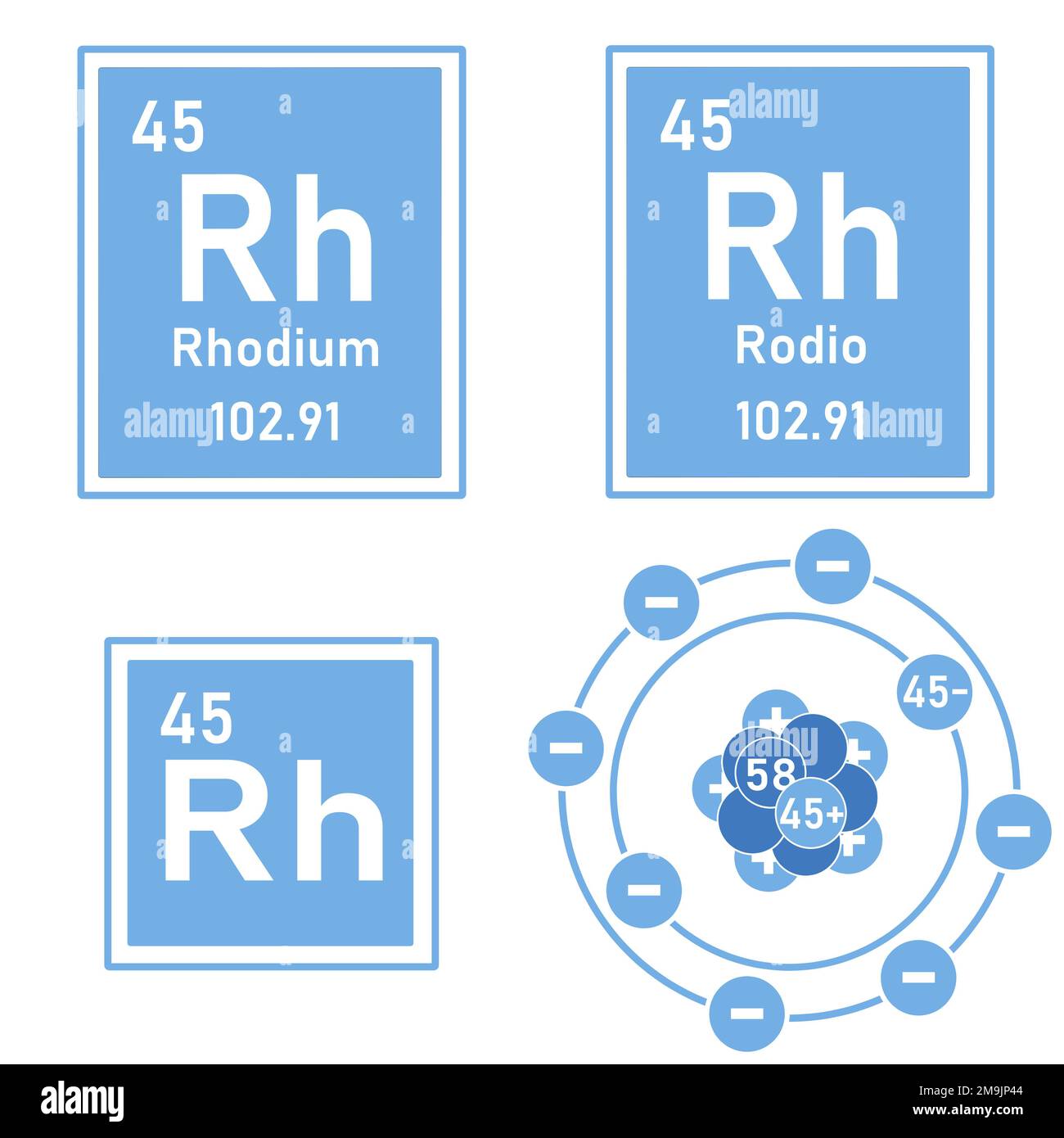 Blue icon of the element rhodium of the periodic table with representation of its atom Stock Photo