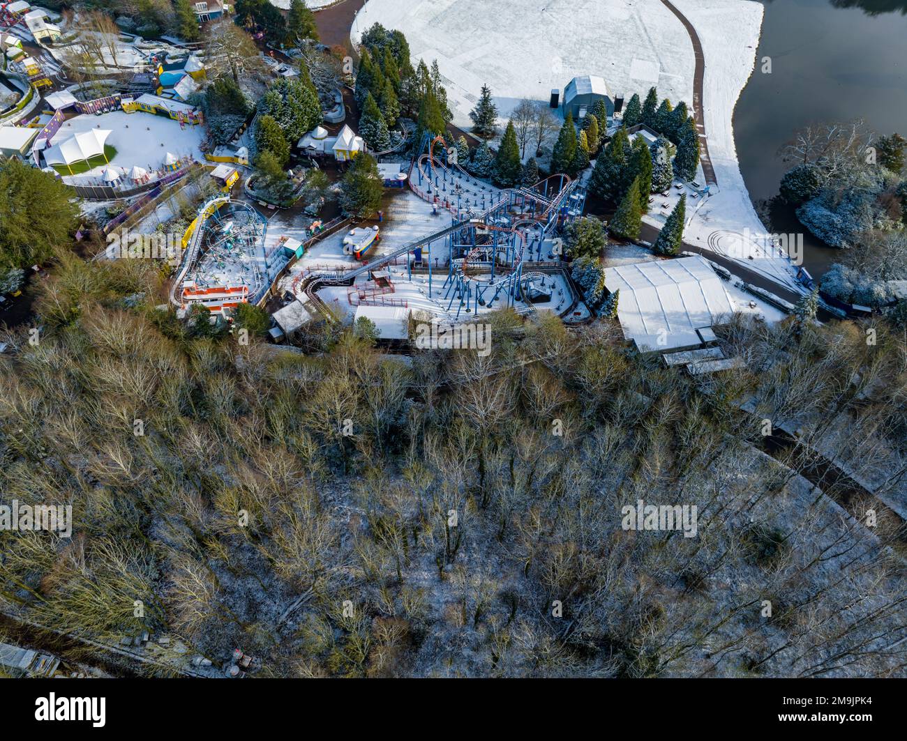 Snow Covered Alton Towers Aerial Drone Beautify Theme Park Photos Stock