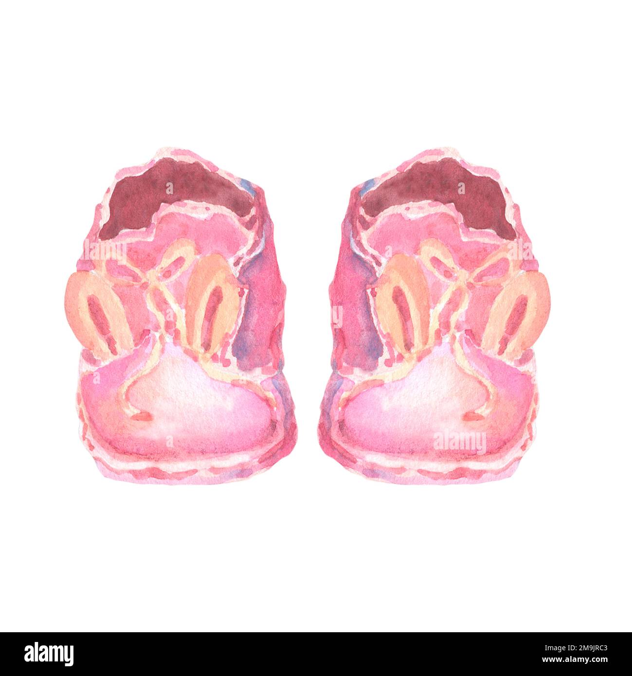 Hand Drawn Watercolor pink vintage Baby Shoes witn bunny ears. Design elements for baby shower greeting card. Stock Photo