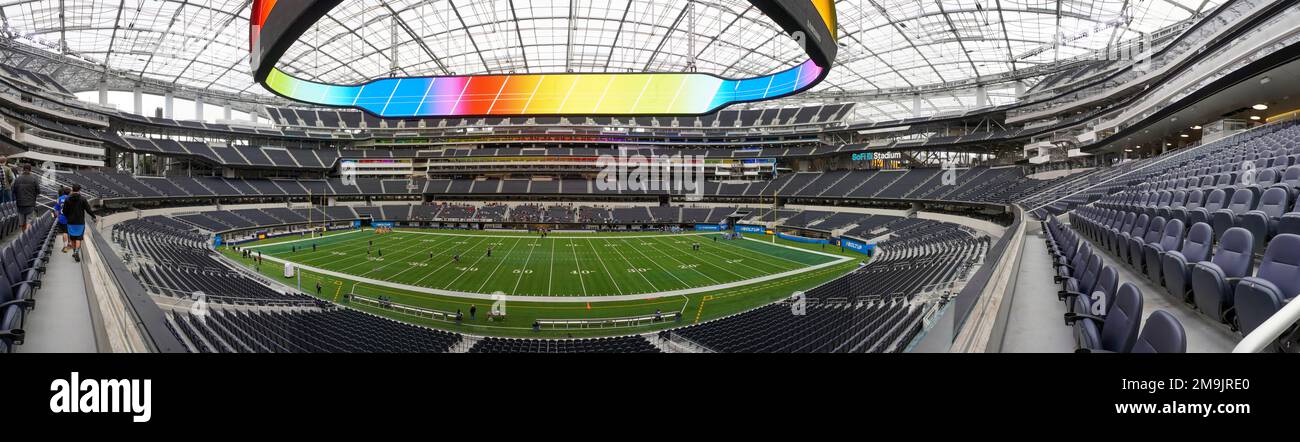 Seats and field in stadium, SoFi Stadium, Inglewood, California, USA Stock Photo