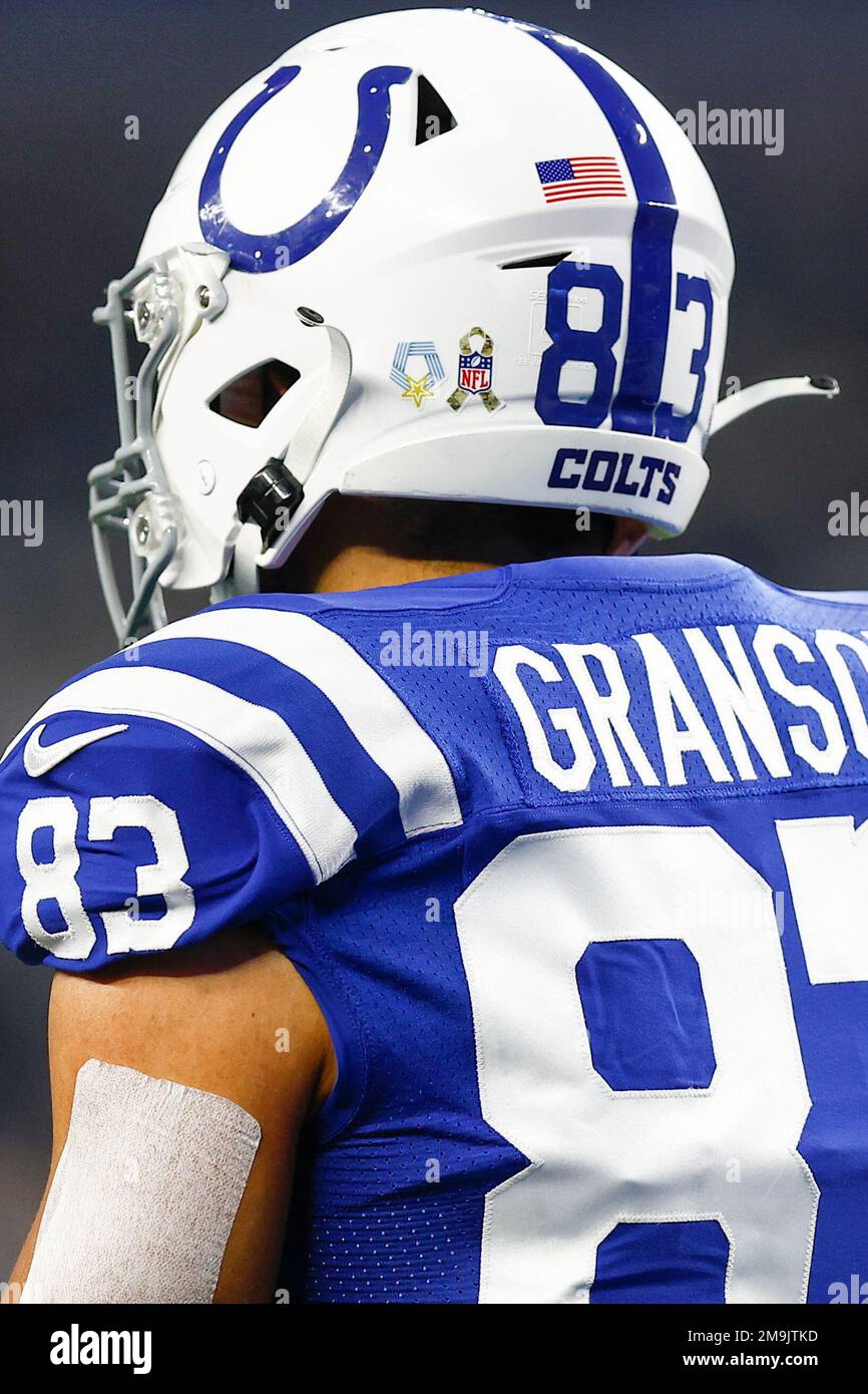 Indianapolis Colts tight end Jelani Woods (80) wears Salute to Service  stickers on his helmet before an NFL football game against the Dallas  Cowboys, Sunday, Dec. 4, 2022, in Arlington, Texas. Dallas