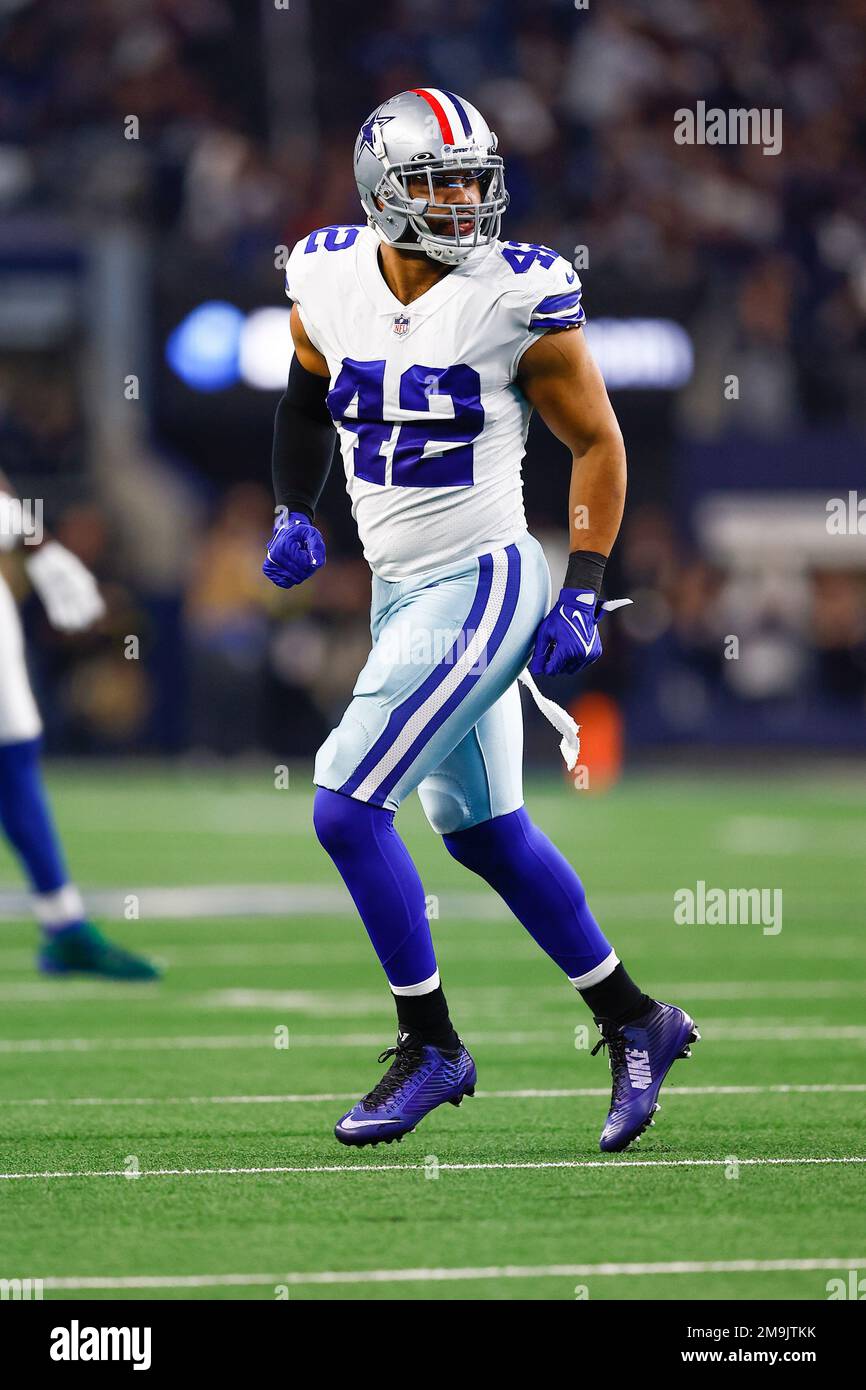 Dallas Cowboys linebacker Anthony Barr (42) runs to cut off the ball  carrier as he defends during an NFL wild-card football game against the  Tampa Bay Buccaneers, Monday, Jan. 16, 2023, in