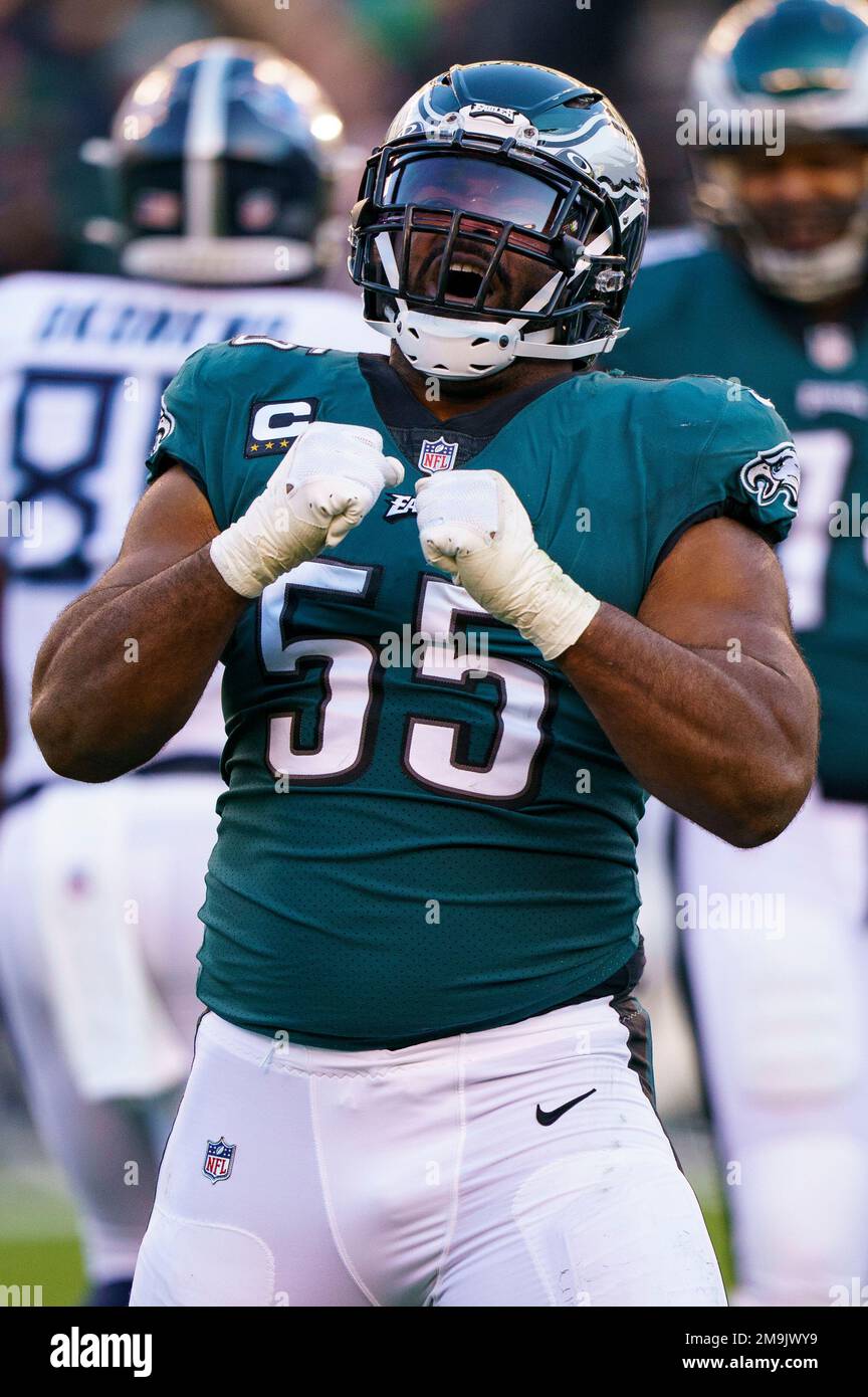 Philadelphia Eagles defensive end Brandon Graham (55) reacts to his