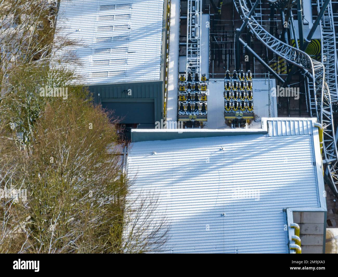 Snow Covered Alton Towers Aerial Drone Beautify Theme Park Photos Stock